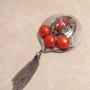 Sylvie Germain Vintage brooch Silver Orange with Tassel
